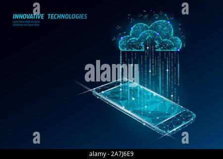 Cloud computing online storage low poly. Polygonal future modern internet business technology. White global data information exchange available Stock Vector