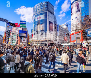 24 March 2019: Tokyo, Japan - The famous pedestrian scramble crossing at Hachiko Square, Shibuya, in Tokyo. Stock Photo