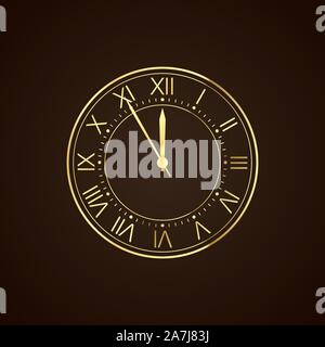 Golden clock dial with roman numbers. Five minutes to twelve holiday countdown. New Year night. Vector Stock Vector
