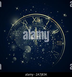 Golden Clock Dial with Roman Numbers on Magic Christmas Glitter Background. New Year Countdown and chimes. Five minutes before twelve. Vector Stock Vector