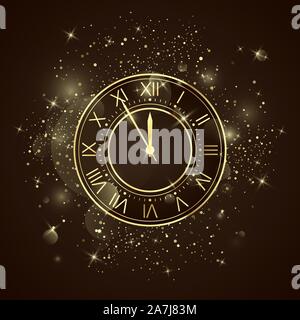Golden clock dial with roman numbers. Five minutes to twelve holiday countdown. New Year night with glitters and sparkles. Vector Stock Vector