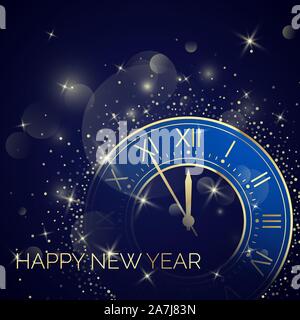 Golden Clock Dial with Roman Numbers on Magic Christmas Glitter Background. New Year Countdown and chimes. Five minutes before twelve. Vector illustra Stock Vector