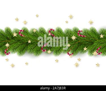 Merry Christmas and Happy New Year. Christmas Tree Branches Decorated with Golden Stars and Candy Canes. Holiday Decoration Element on White Backgroun Stock Vector