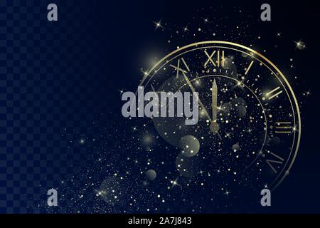Golden Clock Dial with Roman Numbers on Magic Christmas Glitter Background. New Year Countdown and chimes. Five minutes before twelve. Vector Stock Vector