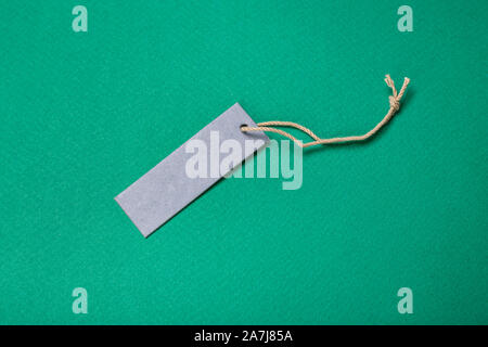 cardboard label with a string. without inscriptions. on a green background. place for text Stock Photo