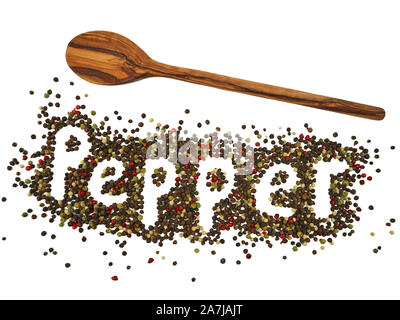 Mixed colored dried peppercorns with wooden spoon isolated on white background show the word ,,Pepper,, Stock Photo