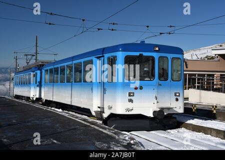 rigi railways;rigibahnen;railcar no.11;driving trailer no.21;rigi kulm station;switzerland Stock Photo