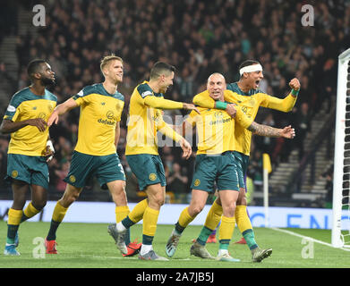 Hampden Park, Glasgow. Scotland.UK 2nd November 2019. Betfred, Scottish League Cup Semi Final. Hibernian 2 vs Celtic  5.  Celtic  Captain Scott Brown  (2nd right) celebrates  with L/r  Odsonne Edouard  Kris Ajer, Tom Rogic,   &  Chris Jullien vs Hibs Credit: eric mccowat/Alamy Live News Stock Photo