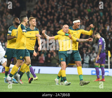 Hampden Park, Glasgow. Scotland.UK 2nd November 2019. Betfred, Scottish League Cup Semi Final. Hibernian 2 vs Celtic  5.  Celtic  Captain Scott Brown  (2nd right) celebrates  with L/r  Odsonne Edouard , Tom Rogic, Kris Ajer, &  Chris Jullien vs Hibs Credit: eric mccowat/Alamy Live News Stock Photo