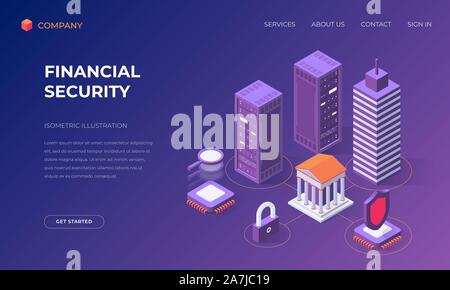 Isometric landing page for financial security, banking and market research, vector illustration Stock Vector