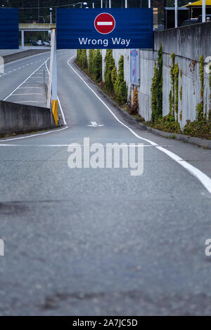 A highway road sign that says wrong way. Stock Photo