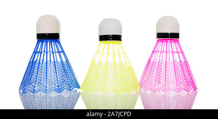 three colorful shuttlecocks, isolated in front of white background Stock Photo