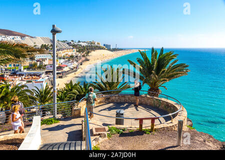 Canaries, Spain - December 9, 2018: Viewpoint above the Morro Jable beach on Fuerteventura island, Canary Islands, Spain. One of the best beach in the Stock Photo