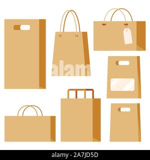 Set of empty kraft brown blank cardboard paper fashion packaging bags with handles isolated on white background Stock Vector