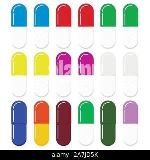 Colorful gelatin medical capsules templates set isolated on white background. Stock Vector