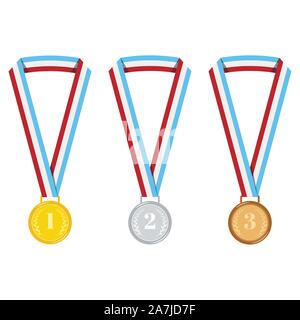 Champion medal set isolated on white background golden, silver, bronze medal with stripped ribbon isolated on white. Stock Vector