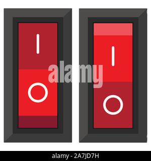 Red rectangular power toggle switches in on and off position set isolated on white background. Stock Vector