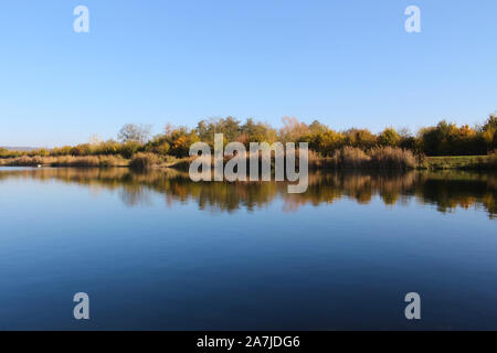 Lake shoreline reflecting in the water with blue sky Stock Photo