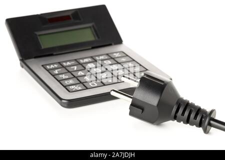 Power cord, plug and calculator on white background - energy saving or power consumption concept Stock Photo