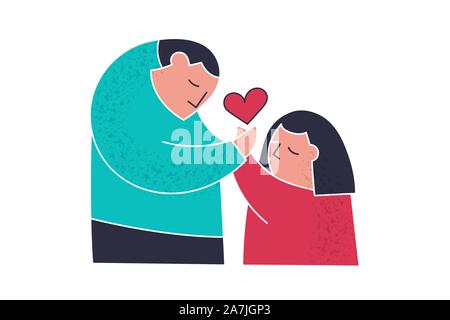 Man hugs woman hand red heart cute vector Stock Vector