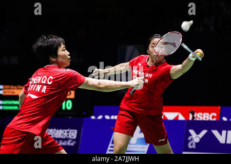 Chinese professional badminton players Jia Yifan and Chen Qingchen compete against Japanese professional badminton players Misaki Matsutomo and Ayaka Stock Photo