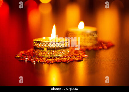 Burning Candles Lamps Lighting on Diwali Festival Celebration in-India Nobody Stock Photo