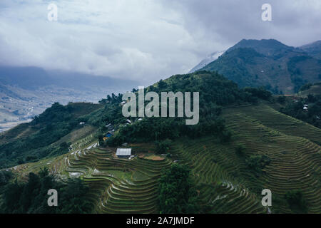 Top aerial birdseye view of harvested green rice terraces and small shacks in Sapa, North Vietnam. Shot in Autumn, October 2019 Stock Photo