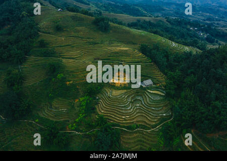 Top aerial birdseye view of harvested green rice terraces and small shacks in Sapa, North Vietnam. Shot in Autumn, October 2019 Stock Photo