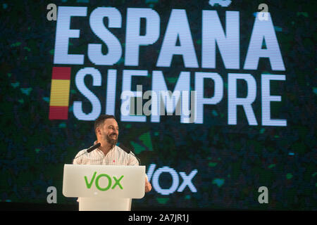 Oviedo, Spain. 02nd Nov, 2019. Oviedo, SPAIN: The president of VOX, Santiago Abascal speaks during the Act with Santiago Abascal in the Palace of Exhibitions and Congresses City of Oviedo in Oviedo, Spain on November 02, 2019. (Photo by Alberto Brevers/Pacific Press) Credit: Pacific Press Agency/Alamy Live News