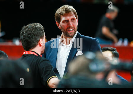 Retired German basketball player Dirk Nowitzki reacts as he watches the first found match of group G between Germany national basketball team and Fran Stock Photo