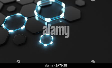 Black abstract background with hexagons and glow. 3d rendering, 3d ...
