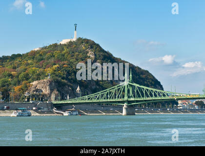 Liberty Bridge and the Libertation Statue on Gellért Hill Citadella. Budapest Hungary Stock Photo