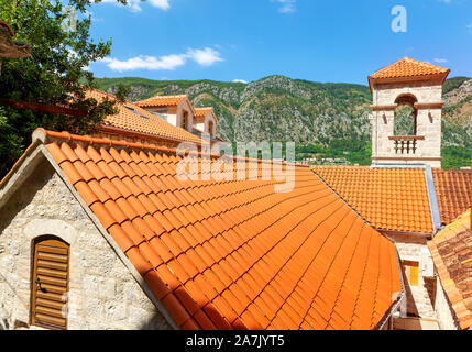 Saint Francis monastery. Saint Francis bell tower at the old town of Kotor in Montenegro Stock Photo