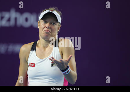 German professional tennis player Laura Siegemund plays against American professional tennis player Sofia Kenin at the first round of WTA Guangzhou Op Stock Photo