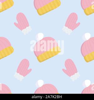 Cartoon pattern with wool winter pink and yellow hat on soft blue backdrop for wallpaper design, wrapping paper, fabric, textile. Seamless vector Stock Vector