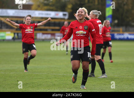 Manchester United's Lauren James celebrates scoring her side's first goal of the game during The FA Women's Continental League Cup match at Haig Avenue, Liverpool. Stock Photo