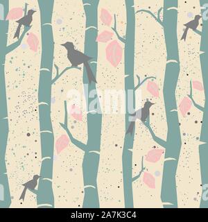 Seamless Tree Pattern with big birds and leaves. Vector Illustration. Stock Vector