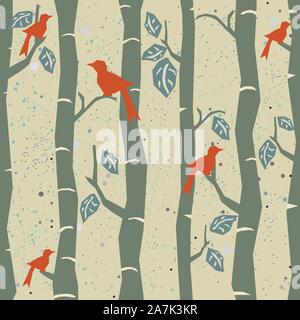 Seamless Tree Pattern with big birds and leaves. Vector Illustration. Stock Vector