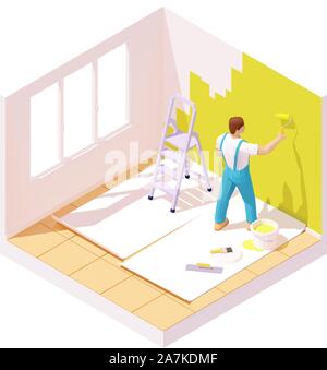Vector isometric painter painting room wall Stock Vector