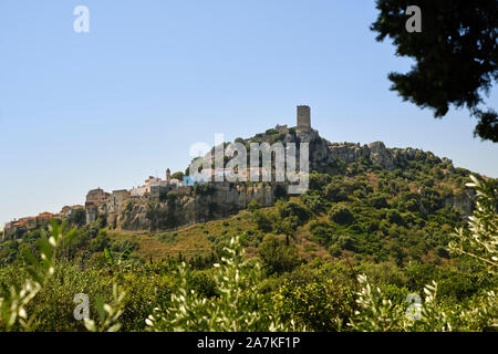 Castello della Fava and the hilltop old town of Posada in Nuoro Sardinia Italy Europe - Sardinia hilltop town landscape Stock Photo