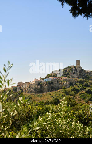 Castello della Fava and the hilltop old town of Posada in Nuoro Sardinia Italy Europe - Sardinia hilltop town landscape Stock Photo