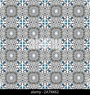Blue and grey beautiful ornamental tiles pattern Stock Vector