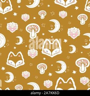 Cute fox seamless pattern, wolf hand drawn forest autumn background with mushroom, folk art vector illustration Stock Vector