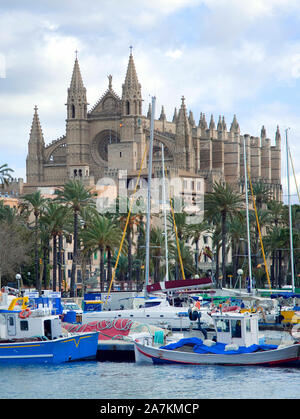 Fishing boats in front of cathedral La Seu, harbour of Palma, Palma de Mallorca, Mallorca, Balearic islands, Spain Stock Photo