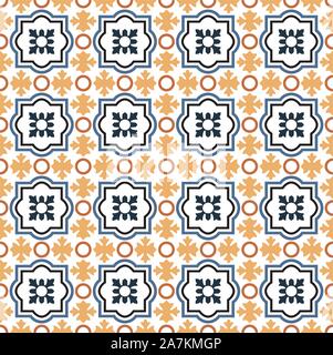 Colorful blue, yellow and orange seamless arabesque tiles pattern Stock Vector