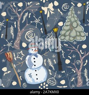 Seamless Winter Pattern with Snowman and spruce trees. Vector Illustration Stock Vector