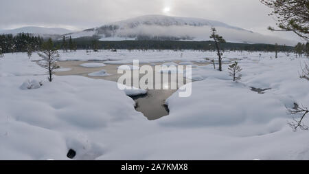 Snow covered bog with Cairngorm mountains in the background, Scotland, UK. Stock Photo