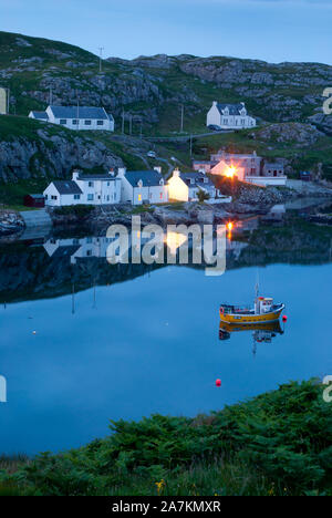 Fishing village at twilight, Scalpay, Isle of Harris, Outer Hebrides, Scotland, UK. Stock Photo