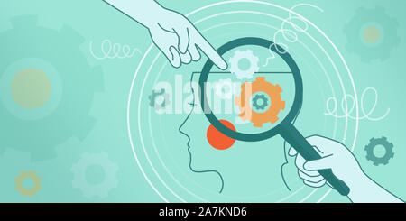The psychological concept of human thinking, brain mechanics, complexes, problems. Illustration face in profile, magnifier, gears, springs on a blue b Stock Photo