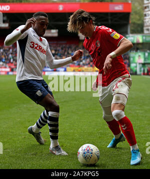 Charlton Athletic's Conor Gallagher and Preston North End's Darnell Fisher in action during the Sky Bet Championship match at The Valley, Charlton. Stock Photo